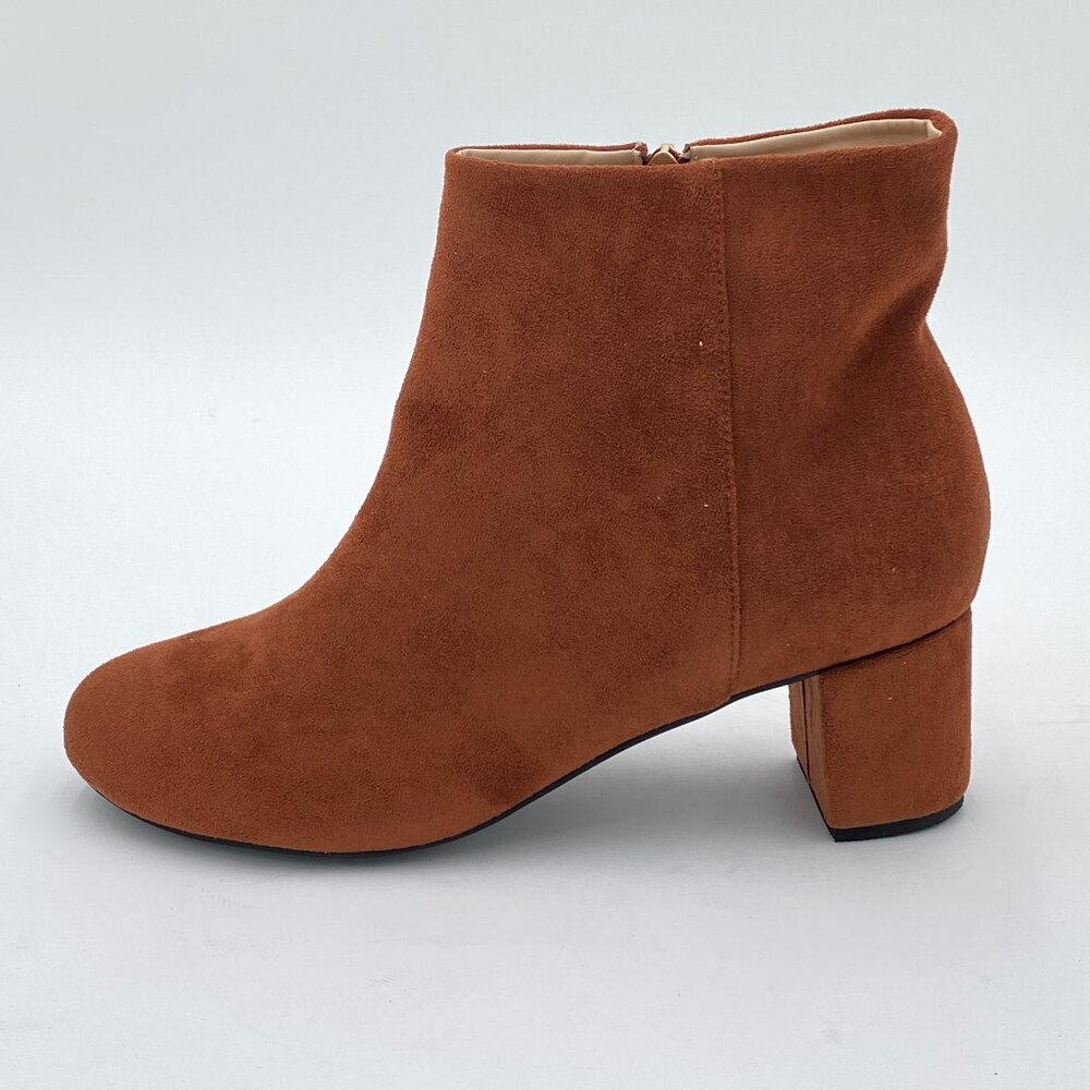 Brown Women Round Toe Chunky Stacked Heel Ankle Boots Suede Boot with Side Zip